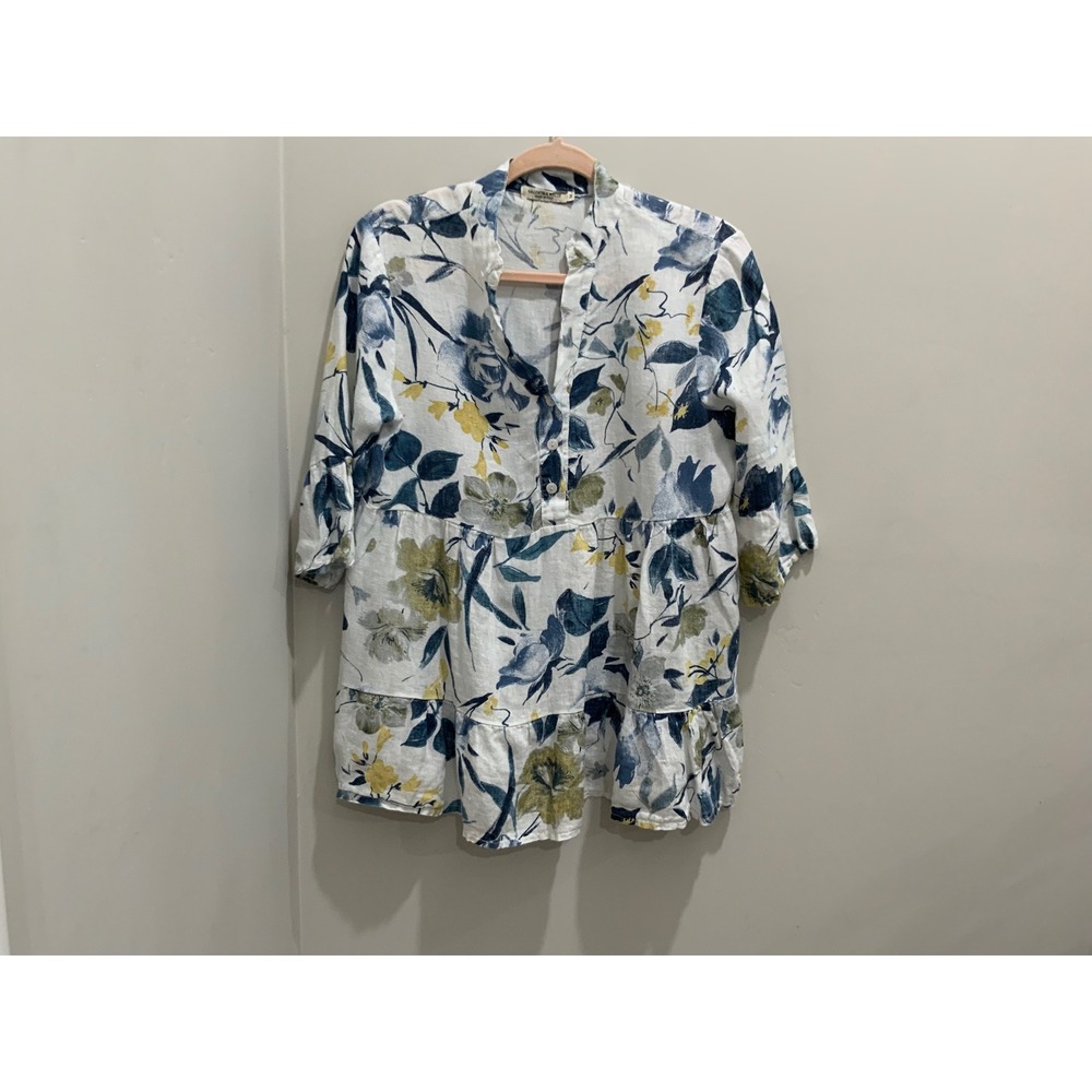 Valentina Naldi Italy 100% Linen Floral Tiered Tunic Top Blue Yellow Womens M